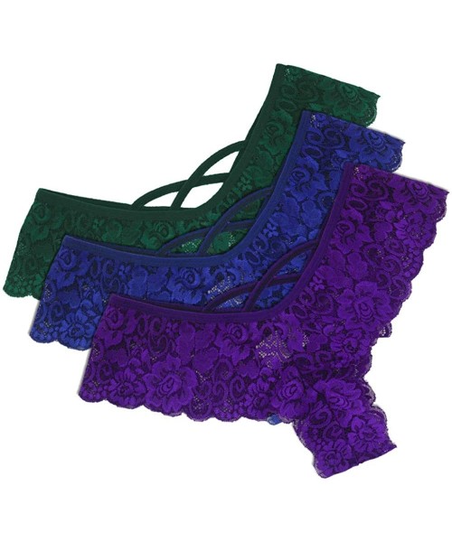 Panties Plus Size Sexy 3/4/6PC Women Lace Flowers Briefs Low Waist Underwear Panties G-String Lingerie Thongs - Purple-nary-d...