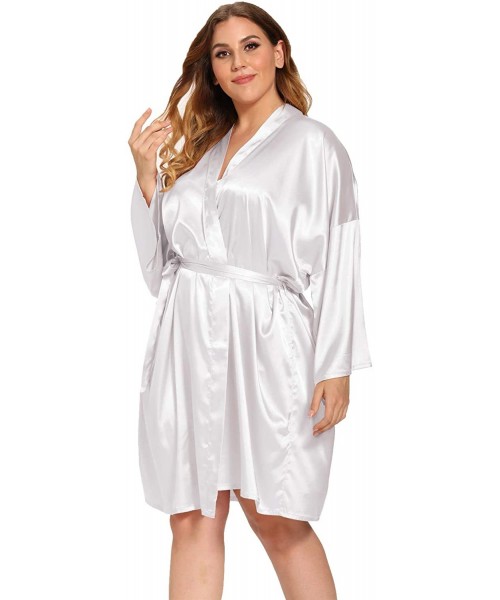 Robes Women's Plus Size Satin Robes Plus SizedSilky Kimonos Robes Sleepwear-Short - White - CG190Z9TINO