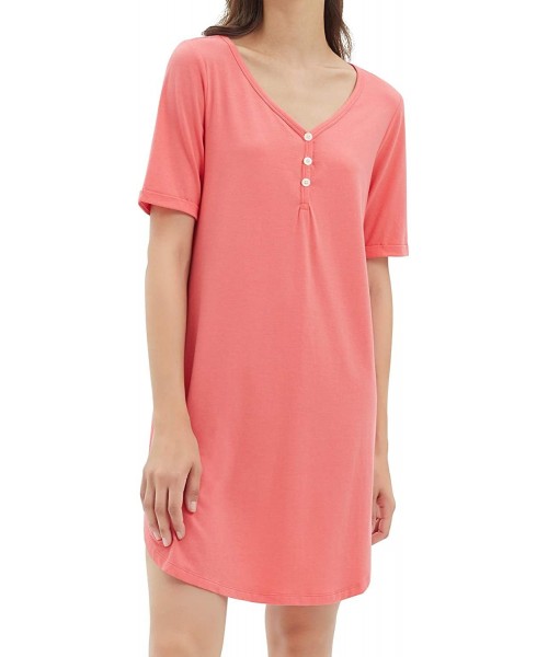 Nightgowns & Sleepshirts Stretch Cotton Women's Sleep Shirt Short Sleeve Nightgown V-Neck Sleepwear - Coral Pink - CI18XZKQ2AM