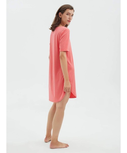 Nightgowns & Sleepshirts Stretch Cotton Women's Sleep Shirt Short Sleeve Nightgown V-Neck Sleepwear - Coral Pink - CI18XZKQ2AM