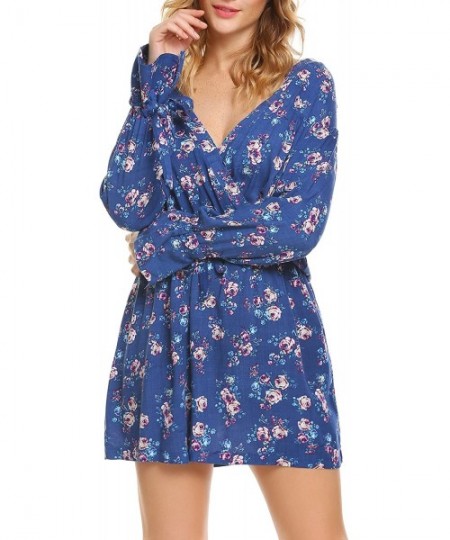 Robes Women's Long Sleeve Floral Flowy Print Flared A-Line Party Swing Dress - Blue - CS186TYW53R