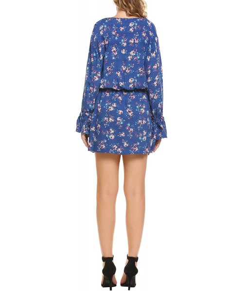 Robes Women's Long Sleeve Floral Flowy Print Flared A-Line Party Swing Dress - Blue - CS186TYW53R