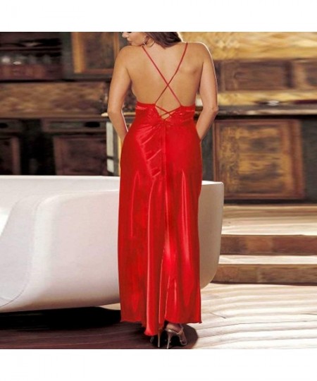 Accessories Women Silk Sleepdress Plus Size Lingerie Sexy Lace Blackless Babydoll Nightdress Pajamas - Red - C4199XMIHHD