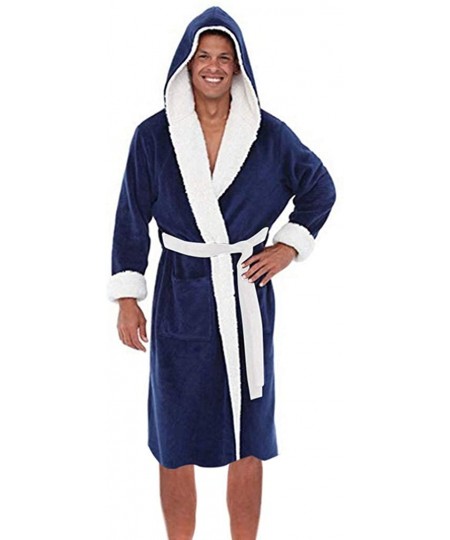 Robes Men's Bathrobe Bath Robe Plus Size Loungewear Winter Sleep Bottoms Pajama Set Nightwear with Belt - Z-v-dark Blue - CS1...