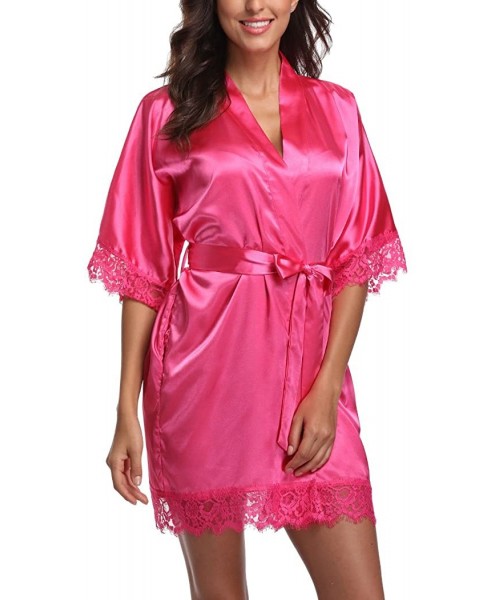 Robes Short Satin Kimono Robes Women Pure Color Bridemaids Bath Robe with Lace Trim - Deep Pink - CS180ISXDYX