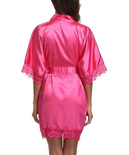 Robes Short Satin Kimono Robes Women Pure Color Bridemaids Bath Robe with Lace Trim - Deep Pink - CS180ISXDYX