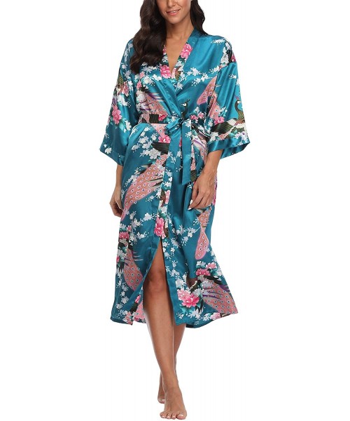 Robes Womens Peacock Long Satin Bathrobe Kimono Nightgown Long Dress Gown - Teal - CZ18XAXYZ57