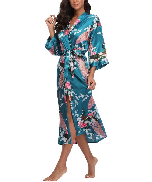 Robes Womens Peacock Long Satin Bathrobe Kimono Nightgown Long Dress Gown - Teal - CZ18XAXYZ57