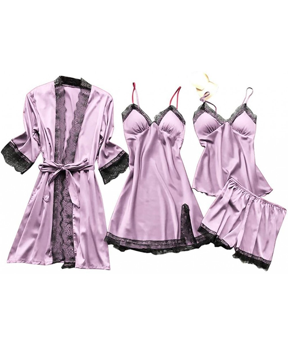 Nightgowns & Sleepshirts Women's 3Pcs Lingerie Satin Lace Chemise Nightgown Nightdress Pajama Set - Purple - CY1974GU7NS