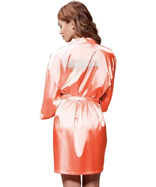Robes Maid of Honor Women's Satin Kimono Rhinestone Robe for Bridesmaid and Bride Wedding Party - Coral - CB199QONG3K