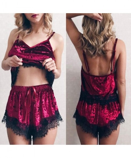 Sets Pajamas Set Womens Lace Satin Nightwear Lingerie Gown Sleep Cami PJS Set with Shorts Wine - Wine - CH19466ARWL