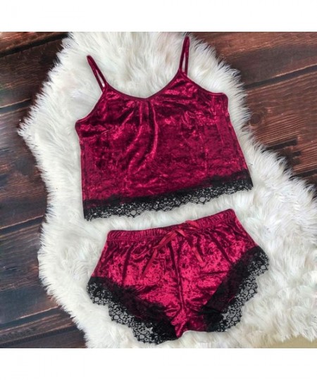 Sets Pajamas Set Womens Lace Satin Nightwear Lingerie Gown Sleep Cami PJS Set with Shorts Wine - Wine - CH19466ARWL