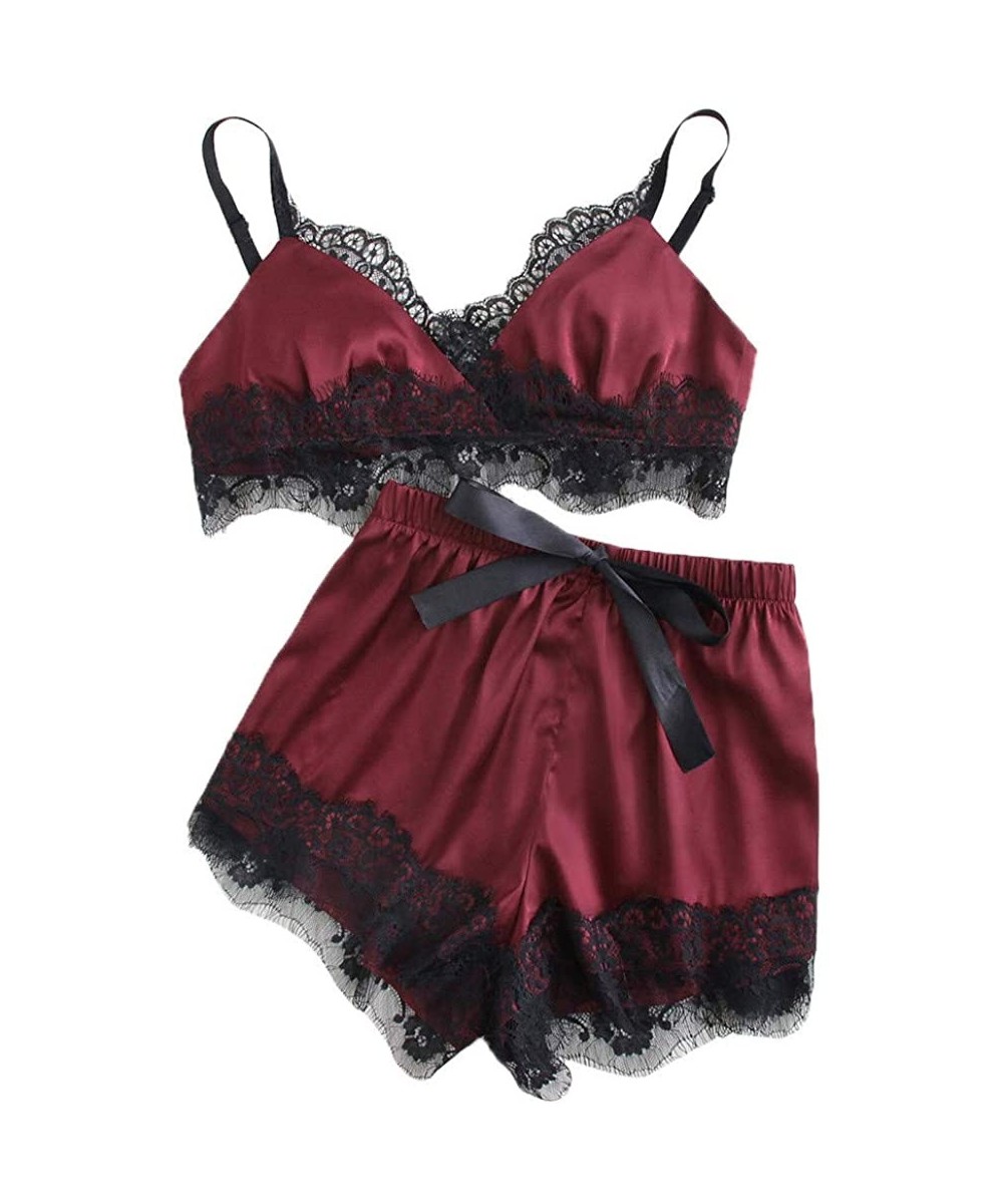 Sets Womens Lace Trim Satin Sleepwear Sexy Silk Lingerie Straps Bralette Panty Set Cami Top & Shorts Pajama Set Wine - CN18OH...