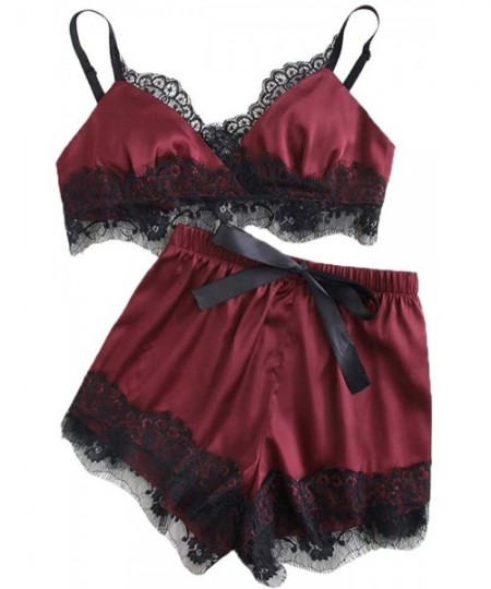 Sets Womens Lace Trim Satin Sleepwear Sexy Silk Lingerie Straps Bralette Panty Set Cami Top & Shorts Pajama Set Wine - CN18OH...