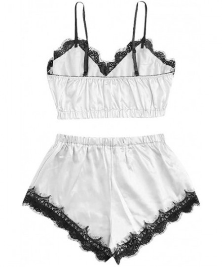 Sets Womens Sleepwear Sleeveless Strap Nightwear Lace Trim Satin Cami Top Pajama Sets - White - CO193CCN85T