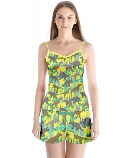 Sets Women's Cute Fashion Sleepwear Dinosaur Patterns Satin Pajamas Set-XS-3XL - Bright Yellow - C9182GC88SA