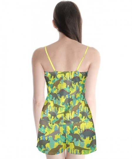 Sets Women's Cute Fashion Sleepwear Dinosaur Patterns Satin Pajamas Set-XS-3XL - Bright Yellow - C9182GC88SA