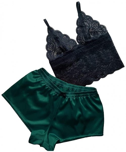 Sets Sexy Lingerie Set for Women Satin Cami and Shorts Lace Pajama Sleepwear Cami PJ Sets Nightwear (Green-S) - CT194HGTOO8