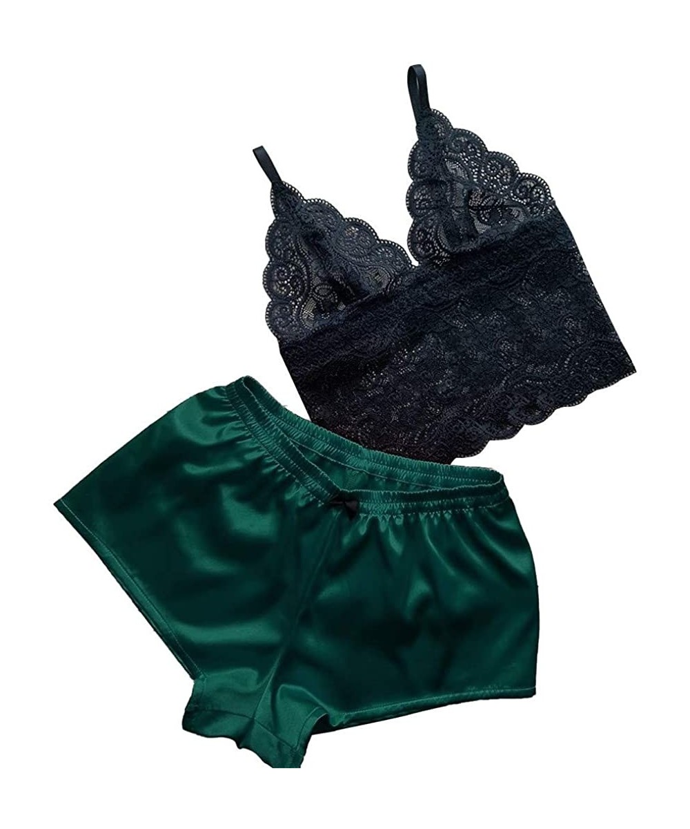 Sets Sexy Lingerie Set for Women Satin Cami and Shorts Lace Pajama Sleepwear Cami PJ Sets Nightwear (Green-S) - CT194HGTOO8