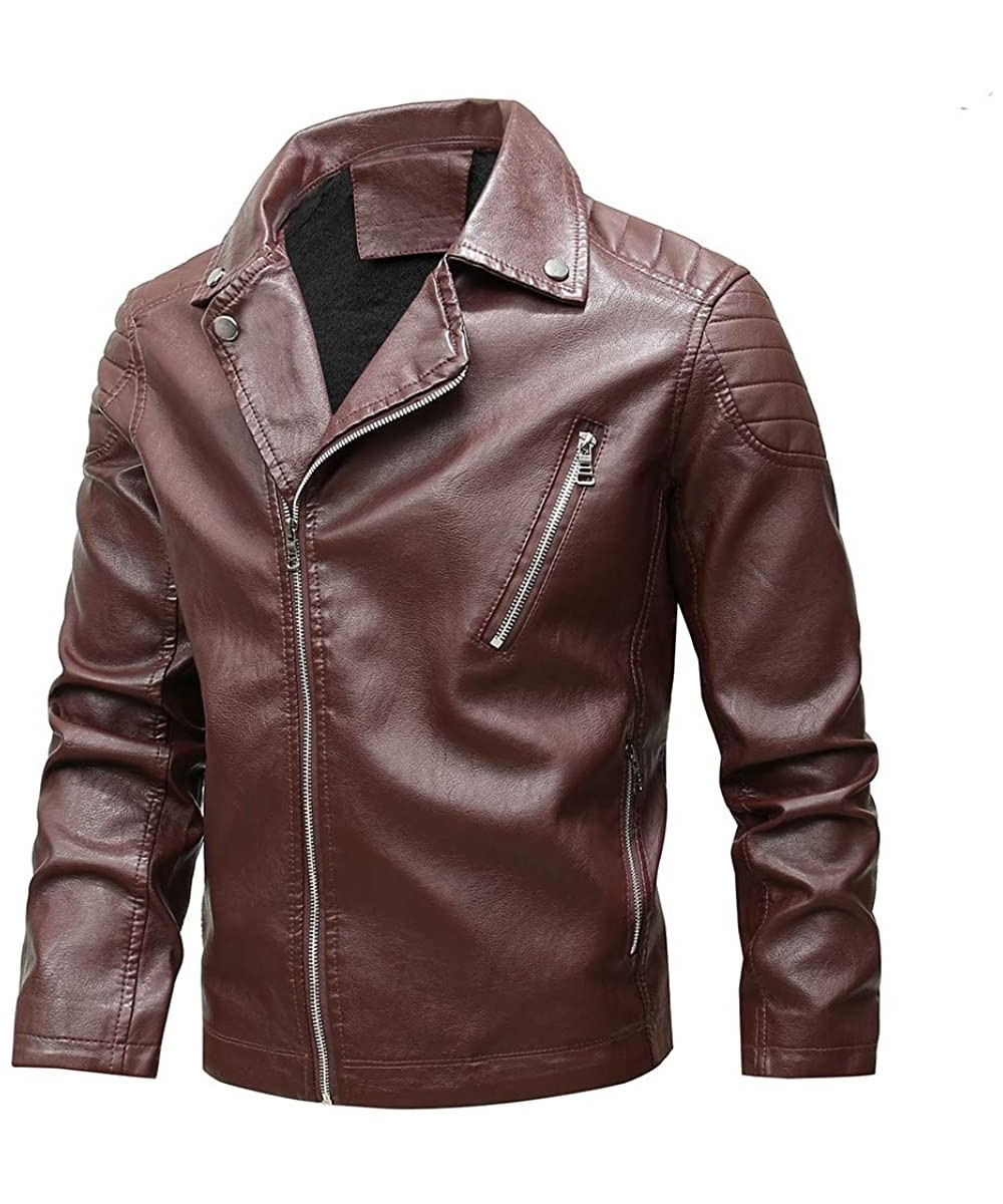 Sleep Tops Men's Vintage Asymmetric Velveted Zip Lightweight Pure Color Faux Leather Biker Jacket - Red - CA193NOTGR5
