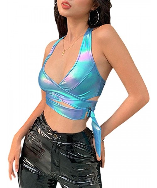Camisoles & Tanks Women Metallic Sexy PU Leather Bralette Bra Vest for Festivals- Raves- Clubwear - Blue C - CL192SDMLCI