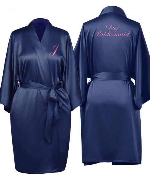 Robes Custom Embroidered Satin Robe for Bride Bridesmaid-Womens Wedding Party Silk Bathrobe - Navy - C118QS45RRS