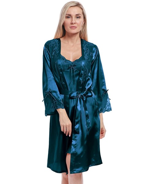 Robes Women's Long Satin Robe Bridal Kimono Lace Pajamas Sleepwear Robe ONLY Size UP - Acid Blue - CL187XXXL0S