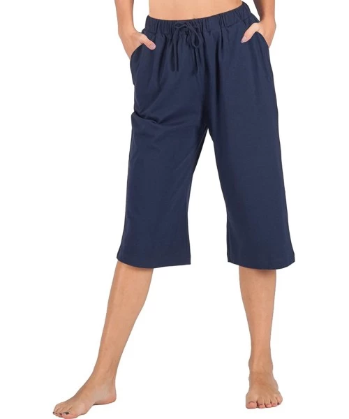 Bottoms Women Pajama Capri Pants 100% Cotton Lounge Pants with Pockets Sleepwear - Blue - CT18D6ONN4O