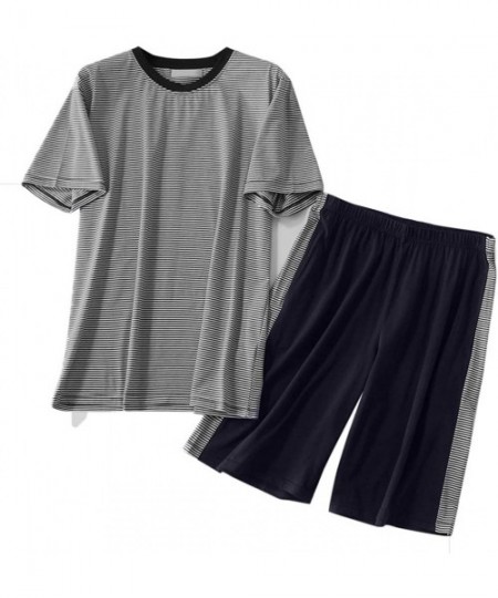 Sleep Sets Men's 2 Pcs Pajama Set Short Sleeve Sleepwear Set Striped/Solid Color Loungewear - Navy - CU197ZSSO8X