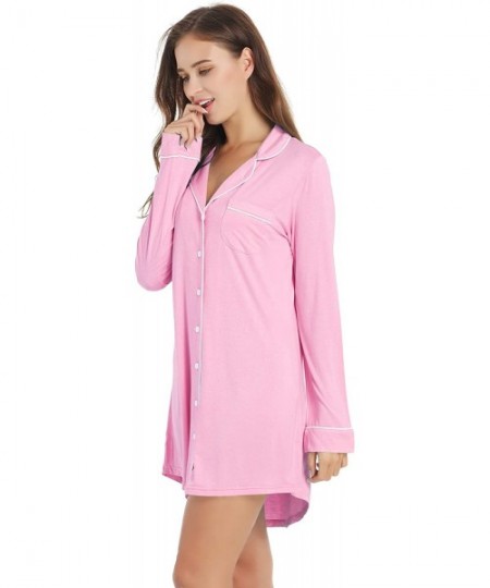Nightgowns & Sleepshirts Womens Bamboo Sleep/Night/Pajama/Pj Shirts Gown - Button Down/Long/Short Sleeve - Long Sleeve-pink -...
