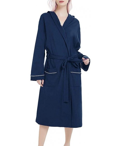 Robes Women Robes Summer Nightgowns Solid Color Sleepshirts Cotton Pajamas Lingerie Bathrobe with Belt - B Navy - CE1940M47ZG