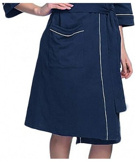 Robes Women Robes Summer Nightgowns Solid Color Sleepshirts Cotton Pajamas Lingerie Bathrobe with Belt - B Navy - CE1940M47ZG