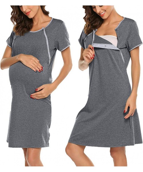 Tops Women Maternity Breastfeeding Nightdress Buttoned Nightshirt Short Sleeve - Grey (Maternity Nightshirt) - C119C6SMZSE