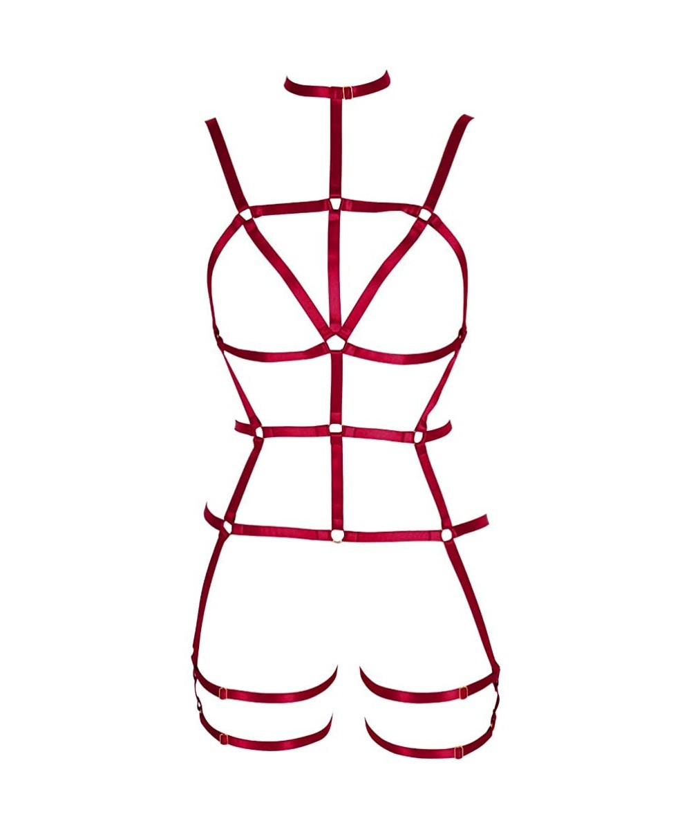 Garters & Garter Belts Women's Punk Cut Out Body Harness Full Strappy Waist Garter Belts Set Gothic EDC Rave Wear - Wine Red ...