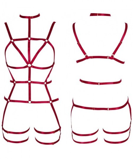 Garters & Garter Belts Women's Punk Cut Out Body Harness Full Strappy Waist Garter Belts Set Gothic EDC Rave Wear - Wine Red ...