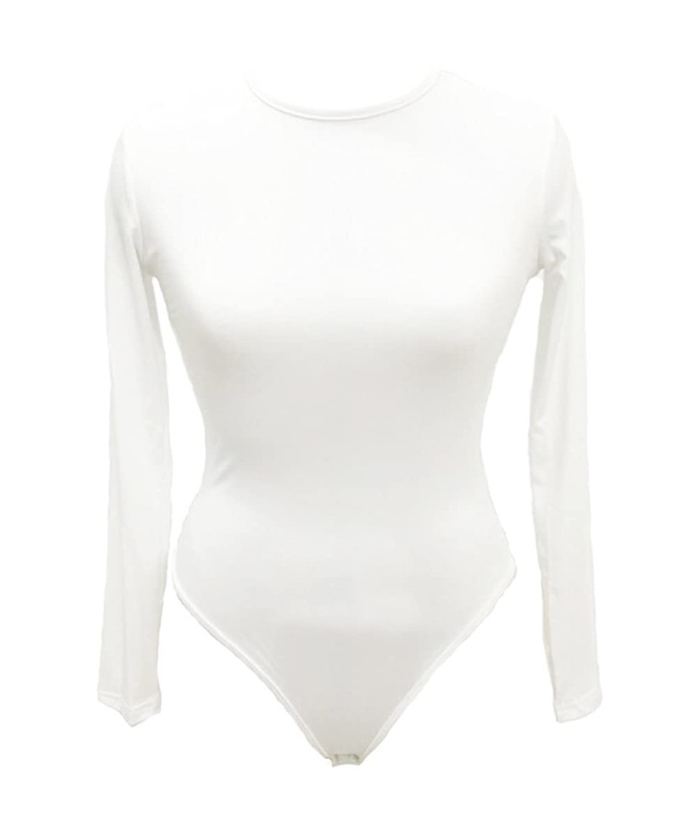 Shapewear Women Long Sleeve Bodysuit Leotard Snap Button Thong - White - CE18HHLQ7U8