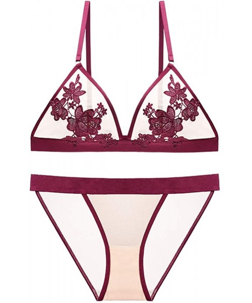 Bras Women's Lace Bra Set Wire Free Unlined Sexy Lingerie Non-Padded Triangle Bralette and Panty - Red - CE18YH74OMO