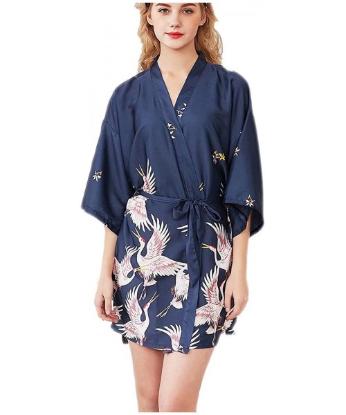 Robes Silk Nightdress V Neck Bathrobe Soft Sleepwear Kimono Robe Floral Short Nightgown for Women - Navy - CX19DYEAQU3