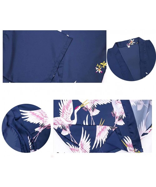 Robes Silk Nightdress V Neck Bathrobe Soft Sleepwear Kimono Robe Floral Short Nightgown for Women - Navy - CX19DYEAQU3