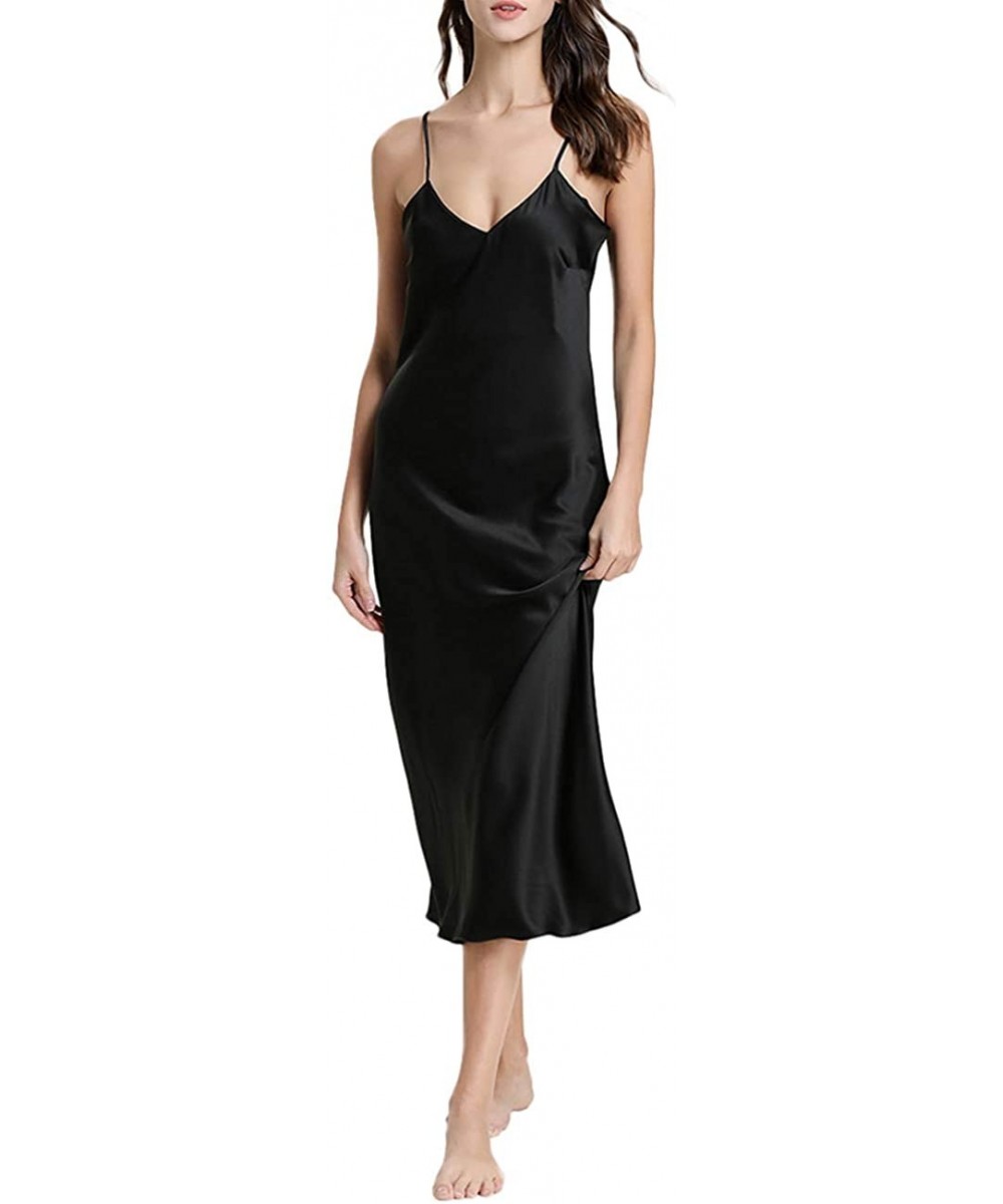 Nightgowns & Sleepshirts Women's Sexy Satin Deep V-Neck Adjustable Spaghetti Strap Sleeveless Long Nightgown - Black1 - C718U...