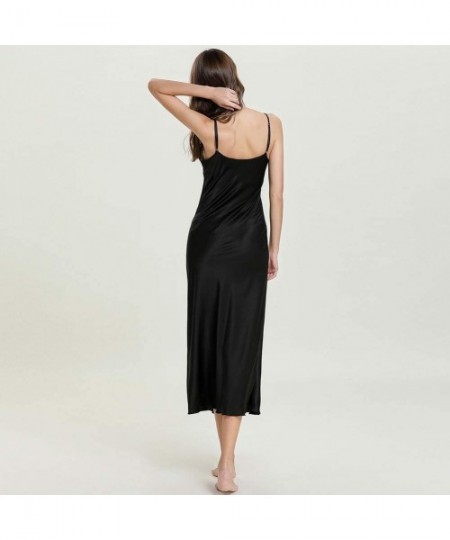 Nightgowns & Sleepshirts Women's Sexy Satin Deep V-Neck Adjustable Spaghetti Strap Sleeveless Long Nightgown - Black1 - C718U...