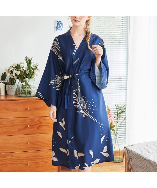 Robes Women's Satin Kimono Robe Long Silky Luxurious Nightgown Soft Spa Hotel Loungewear - Navy - C618Q0MMWQO