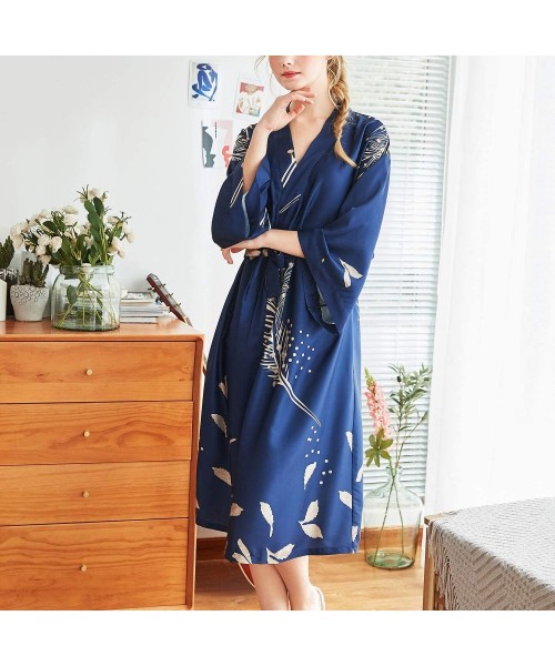 Robes Women's Satin Kimono Robe Long Silky Luxurious Nightgown Soft Spa Hotel Loungewear - Navy - C618Q0MMWQO
