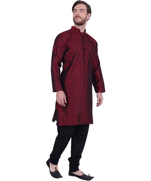 Sleep Sets Cotton Men's Kurta Pajama Set Indian Party Wear - Maroon 2 - CL18QQUQNWR