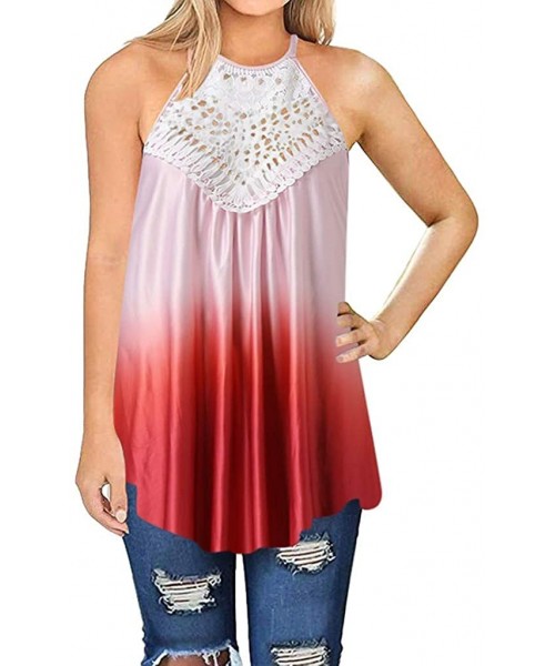 Baby Dolls & Chemises Womens Summer Casual Gradient Printing Sleeveless Tops Lace Flowy Loose Shirts Tank Tops - Red - CQ18WW...