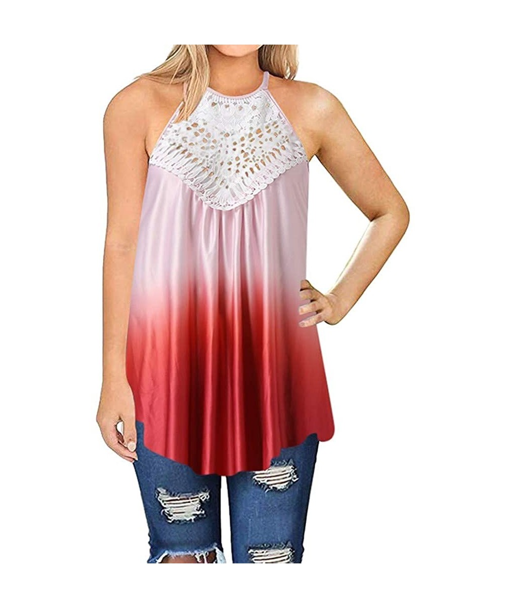 Baby Dolls & Chemises Womens Summer Casual Gradient Printing Sleeveless Tops Lace Flowy Loose Shirts Tank Tops - Red - CQ18WW...