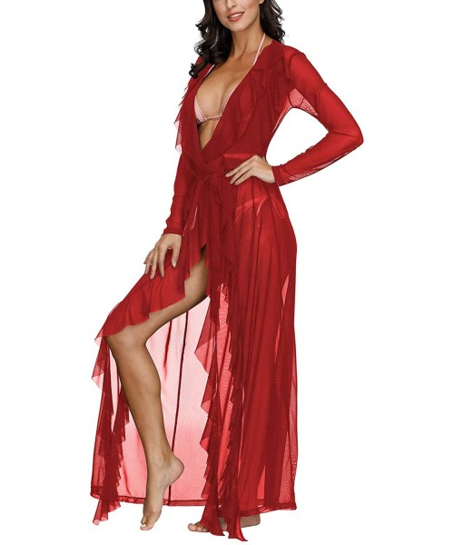 Robes Women's Sexy Long Sleeve Swimsuit Beach Tie Front Maxi Robe Cover Up - Red - CB19C2G4E90