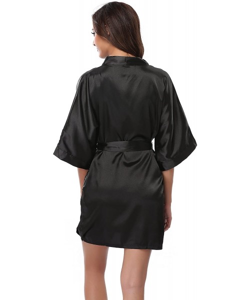Robes Women's Short Silky Kimono Robes Lightweight Pure Bathrobe Bridesmaid Wedding Party Sleepwear - Black - C218009AUYX