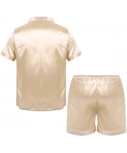 Sleep Sets Mens Silky Satin Notch Collar Short Sleeves Pajamas Set Button Down Shirt Top with Boxer Shorts Sleepwear - Champa...