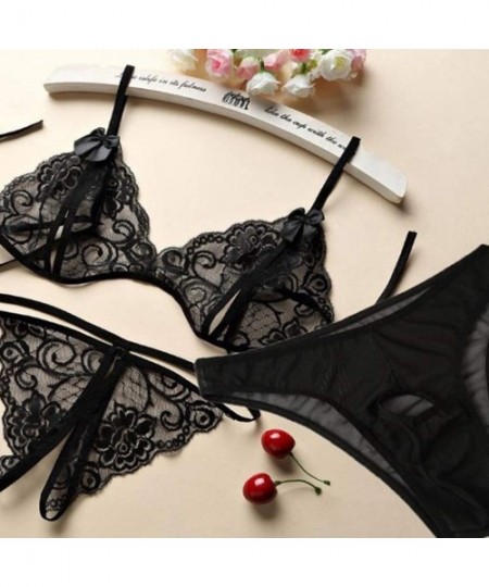 Slips Men's and Women's Valentine's Day Couple Lace Thong Underwear Three-Piece - Black - CY198UEQZQK